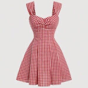 Red & White Plaid Backless Bowknot Picnic Summer Holiday Pleated Dress Size L